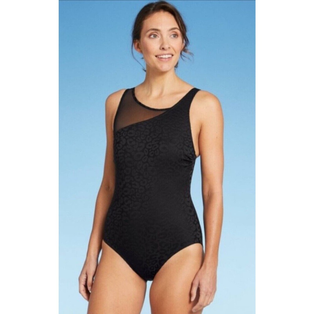 Aqua Green Black High Neck Swimsuit Sz Large New NWT 12/14 One Piece Leo…